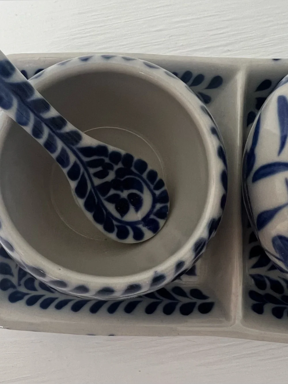 Vintage Blue White Talavera Style Floral Sugar Cream Condiment Set Tray & Spoons